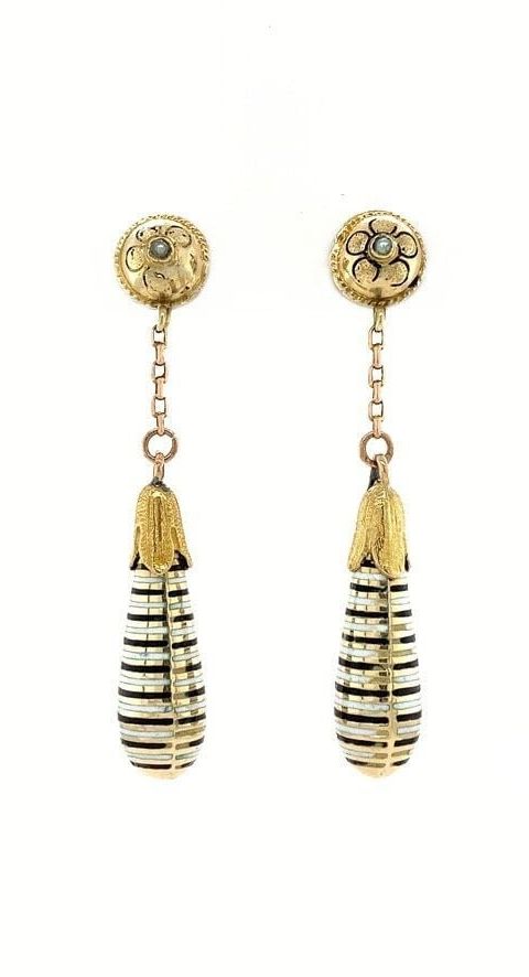 Vintage 14K Gold Drop Earrings with Pearl and Enamel